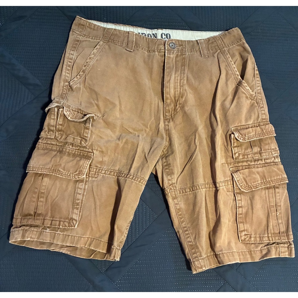 Iron Co Mens Brown Cotton Cargo Shorts Size 32 Relaxed Fit Utility Hiking